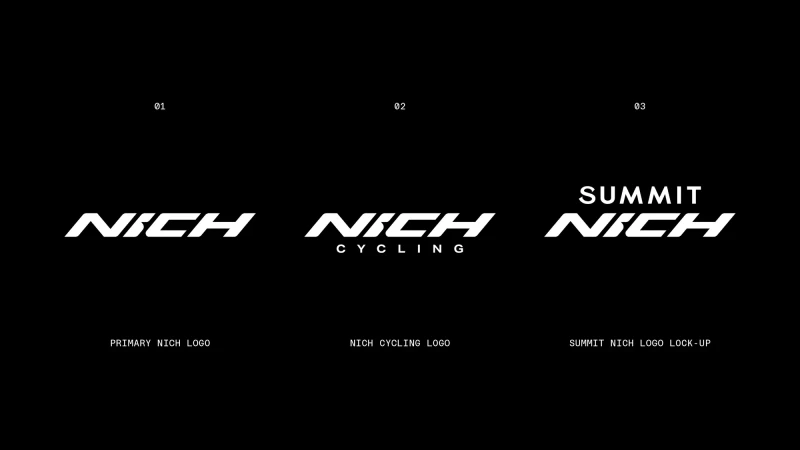 Three variations of the white 'Nich' logo, with and without 'Cycling' and 'Summit' text, displayed on a black background.
