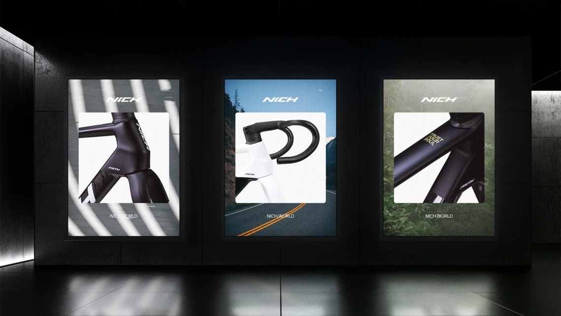 Three bike advertisements in a dark room, each spotlighting a distinct bike component against unique backdrops.