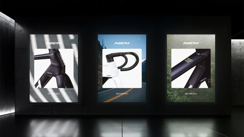 Three bike advertisements in a dark room, each spotlighting a distinct bike component against unique backdrops.