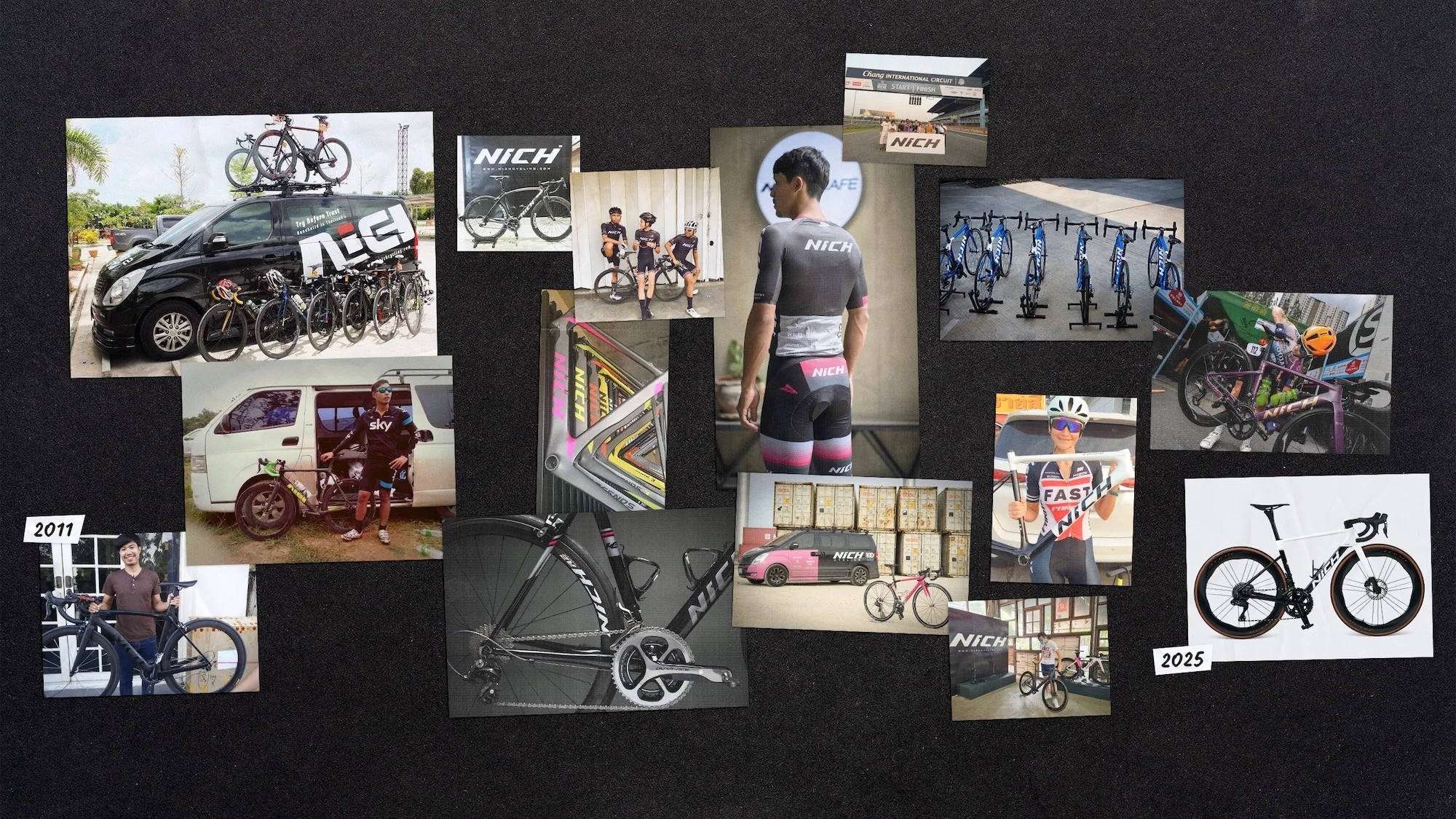 Collage of cycling-themed photographs showing various bicycles, cyclists, and cycling equipment against a dark, textured background.