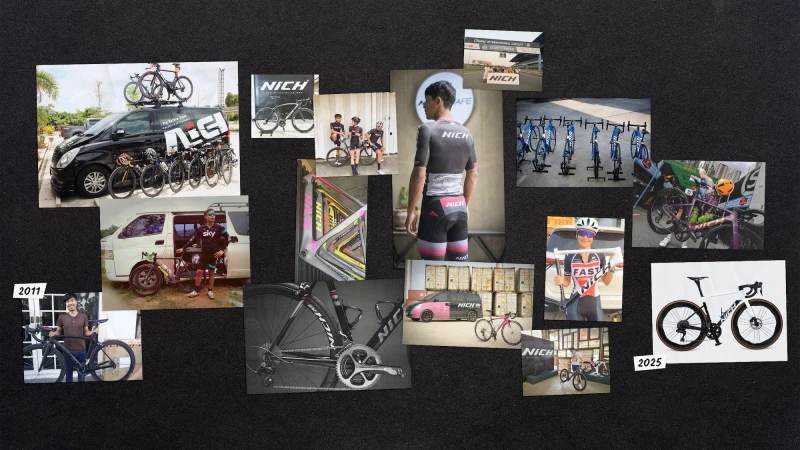 Collage of cycling-themed photographs showing various bicycles, cyclists, and cycling equipment against a dark, textured background.