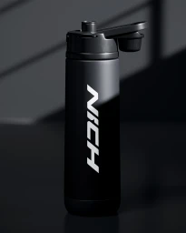 Matte black water bottle with white brand logo standing upright against a dark moody studio background
