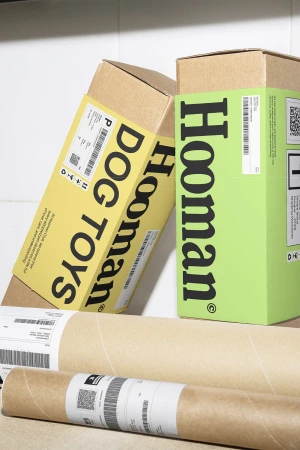 Dog toys subscription boxes from Hooman in yellow and green, arranged on a white shelf with cardboard tubes, in a studio setting.