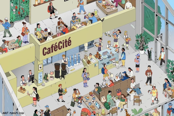 Illustration of a busy café with many customers, food counters, tables, and large windows in a bright, colorful, and detailed overhead view.