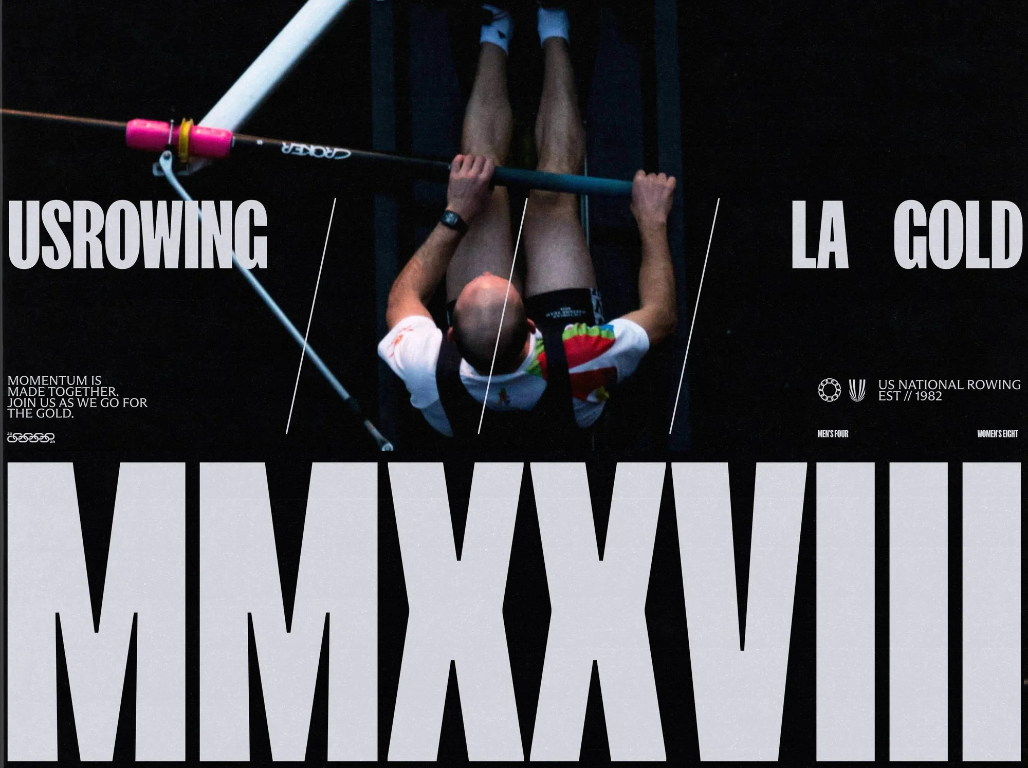 Overhead shot of a rower in a boat with oars, promoting US Rowing and LA Gold, and text mentioning the year 2028 in black and white.