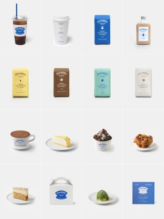 Collection of Stanbu brand food and beverage products displayed on a white background, featuring coffee, cakes, and packaged goods.
