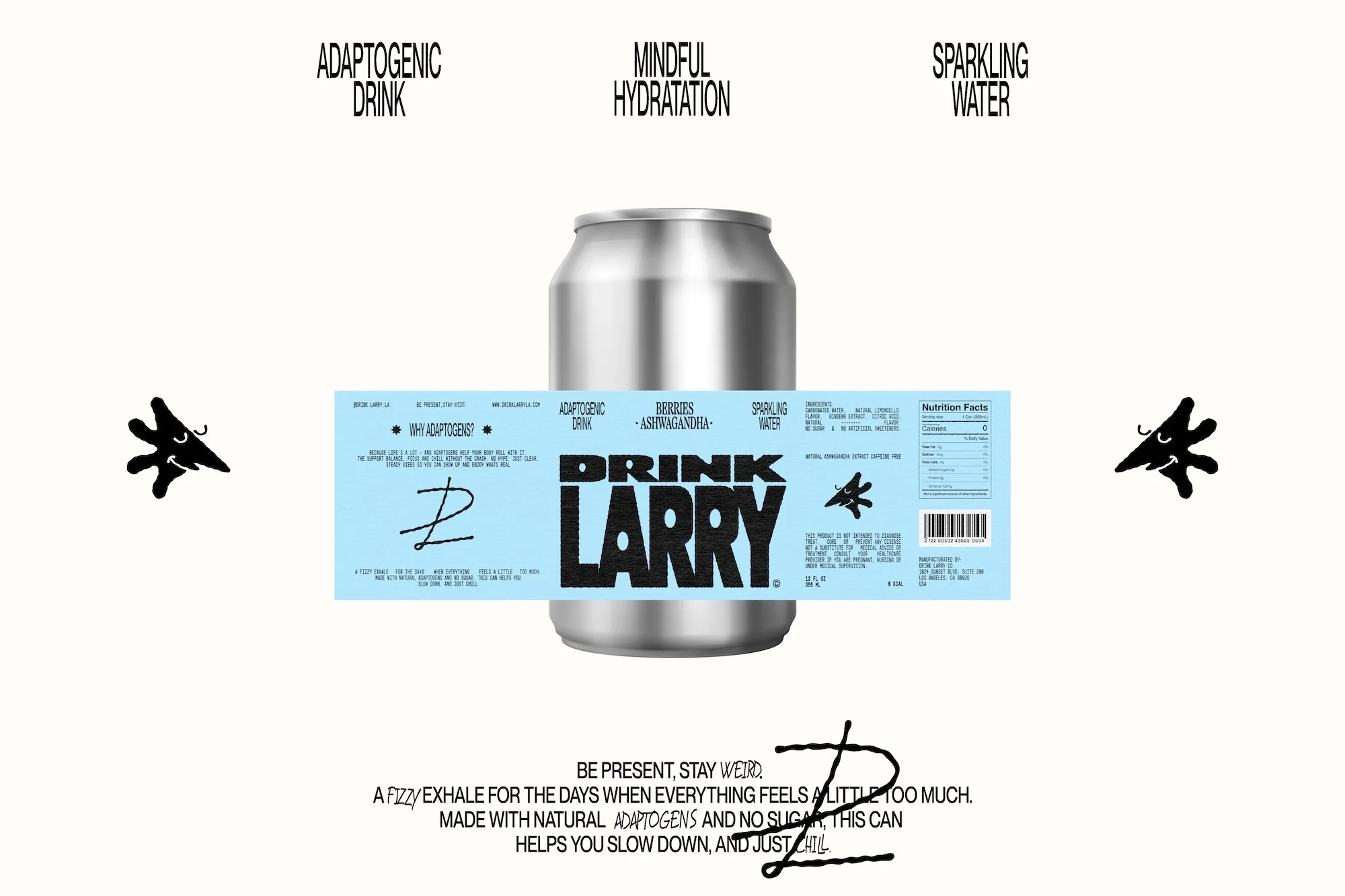 Silver can of Drink Larry is centrally composed in a studio setting with black geometric illustrations on an off-white background, promoting mindful hydration.