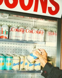 Hand reaching into a store refrigerator to select a beige can with blue script lettering among rows of beverage cans.