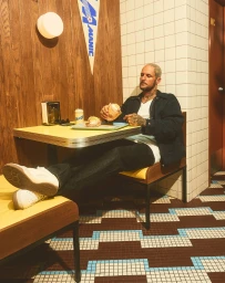 Man with tattoos seated at a diner booth holding a sandwich under warm lighting