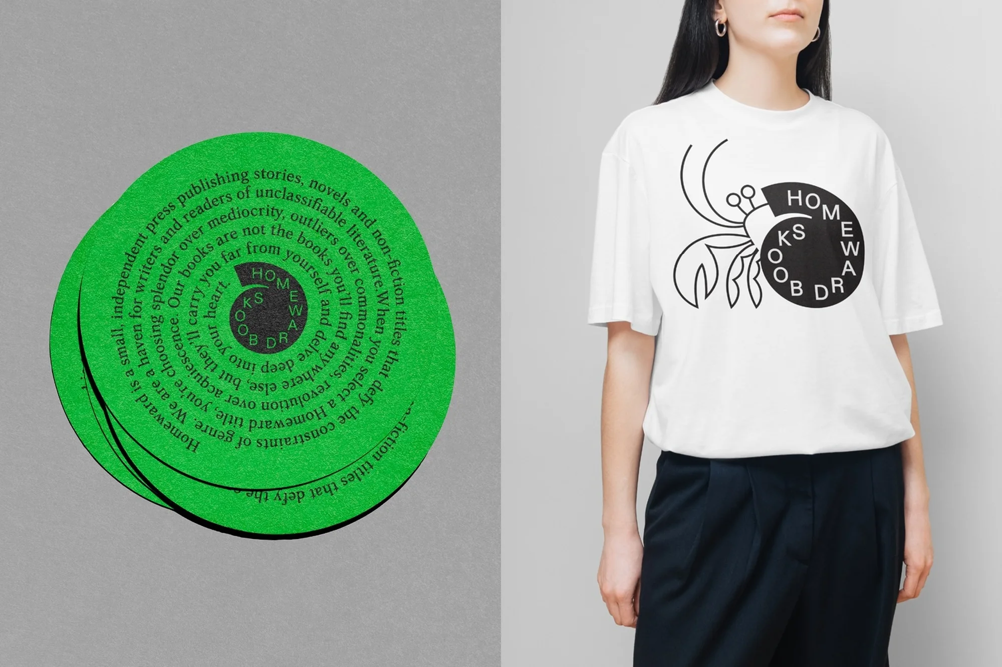 Woman wearing Homeward shirt with circular book design. Green book stack displays Homeward titles and publishing information.