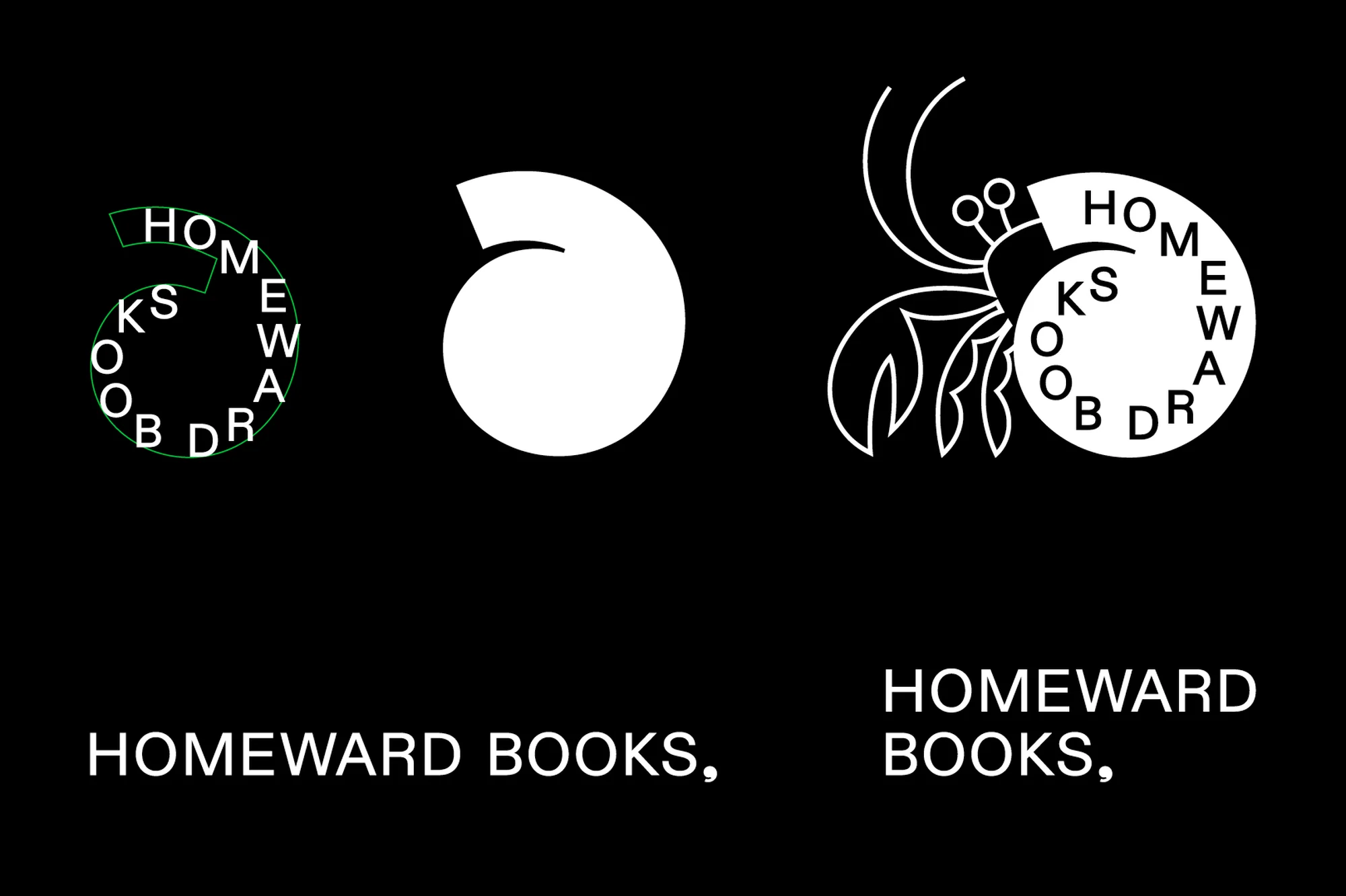 Homeward Books logos in white on black: a spiral of text, a solid spiral shape, and a hermit crab with a text shell.