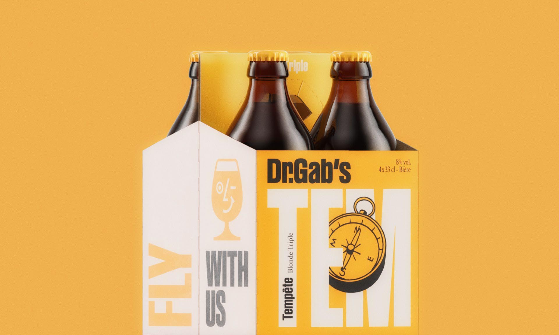 Six-pack of Dr. Gab's Tempete Blonde Triple beer in a white and yellow cardboard carrier, set against a solid yellow background.