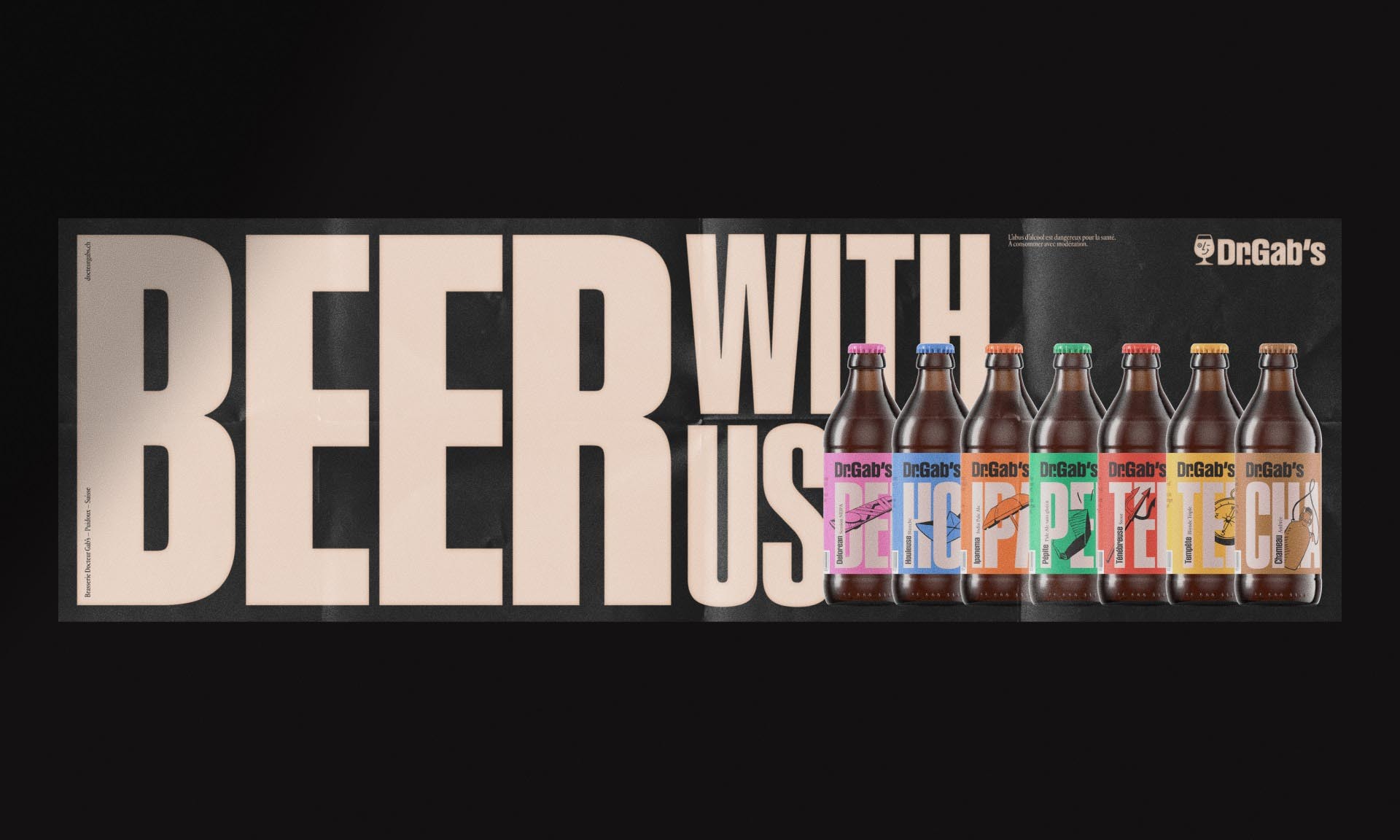Graphic ad features Dr. Gab's craft beers with unique labels, against a black background with vintage-style beer-related text on a poster.
