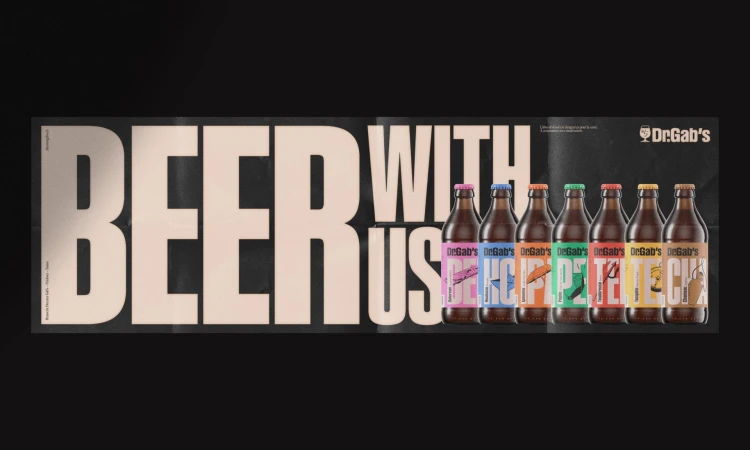 Graphic ad features Dr. Gab's craft beers with unique labels, against a black background with vintage-style beer-related text on a poster.