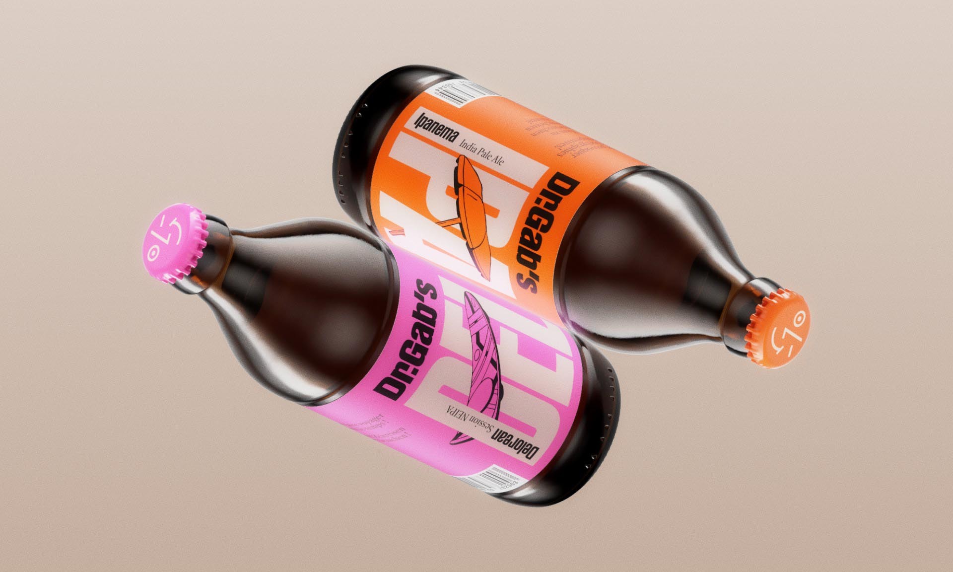 Two dark brown Dr. Gab's beer bottles with colorful labels: orange for Ipanema India Pale Ale and pink for Delorean Session NEIPA.