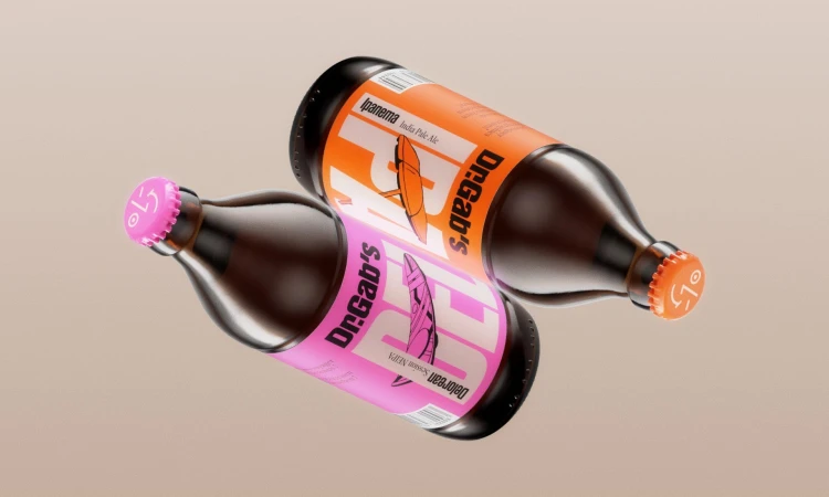 Two dark brown Dr. Gab's beer bottles with colorful labels: orange for Ipanema India Pale Ale and pink for Delorean Session NEIPA.