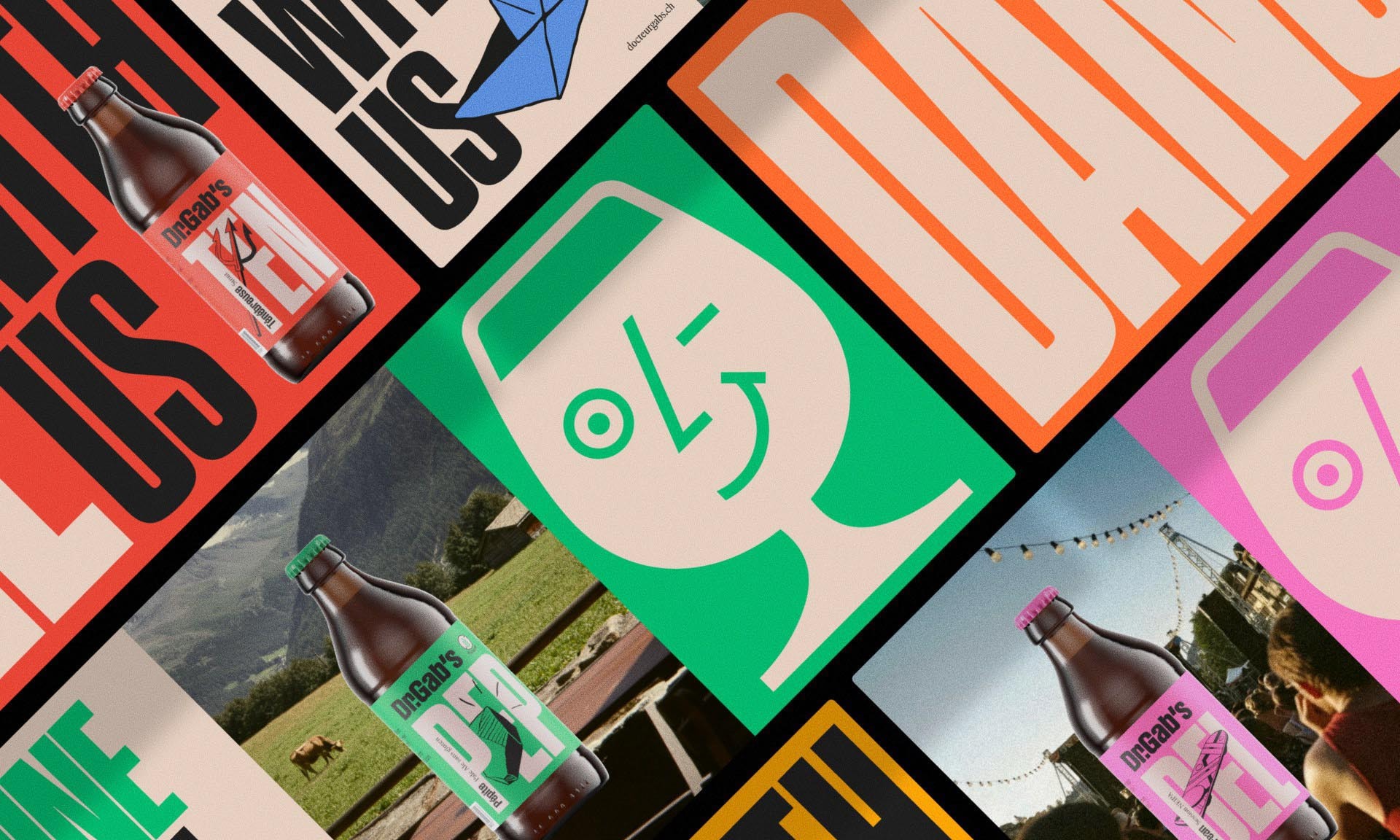 Collection of colorful Dr. Gab's beer advertising posters with illustrations and branding, displayed in a flat lay composition.