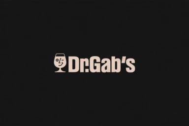 Dr. Gab's brand identity logo featuring a winking face graphic inside a glass silhouette next to bold text on dark background