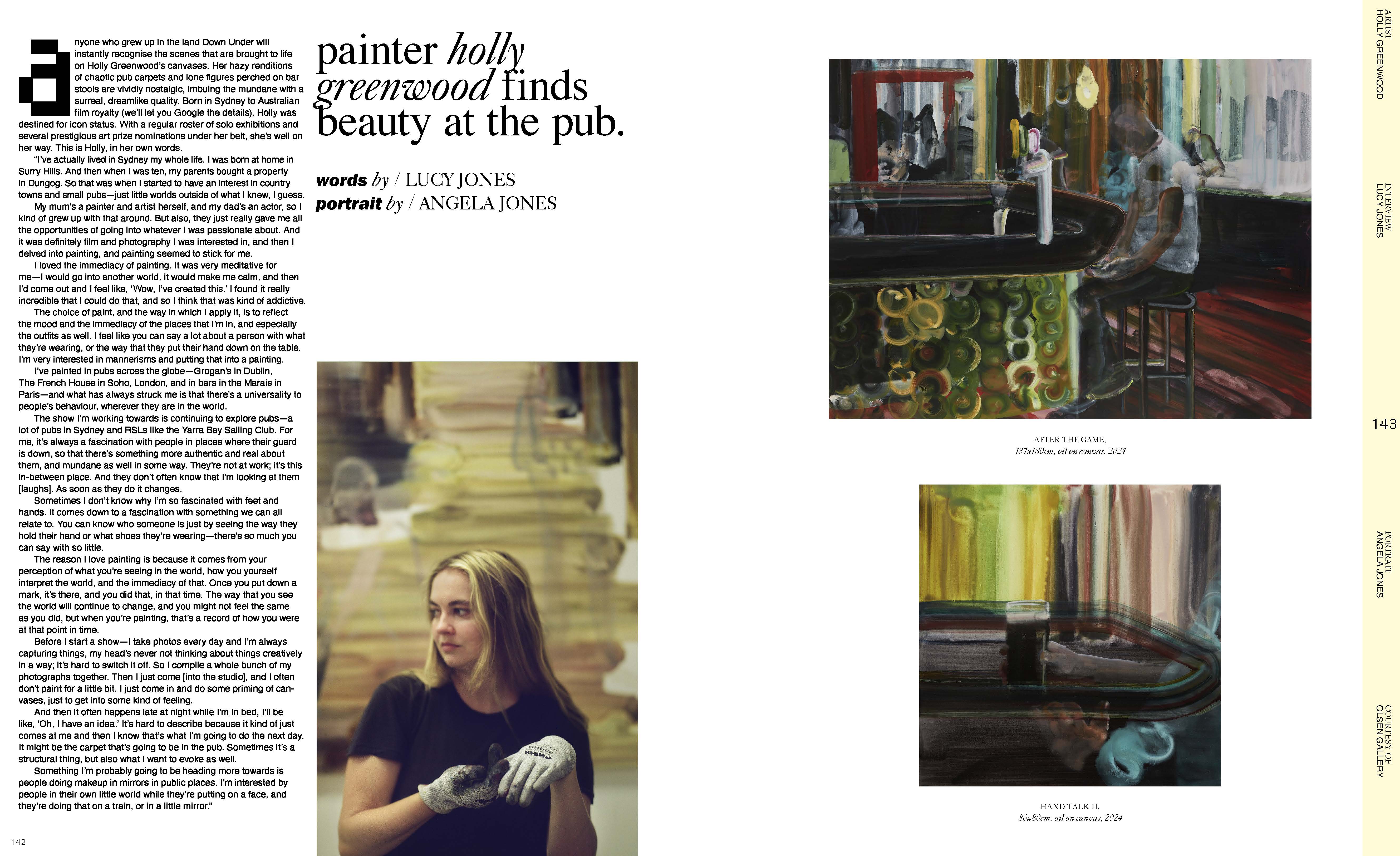 Magazine spread featuring an artist's portrait, text, and two abstract expressionist paintings depicting scenes in a pub interior.