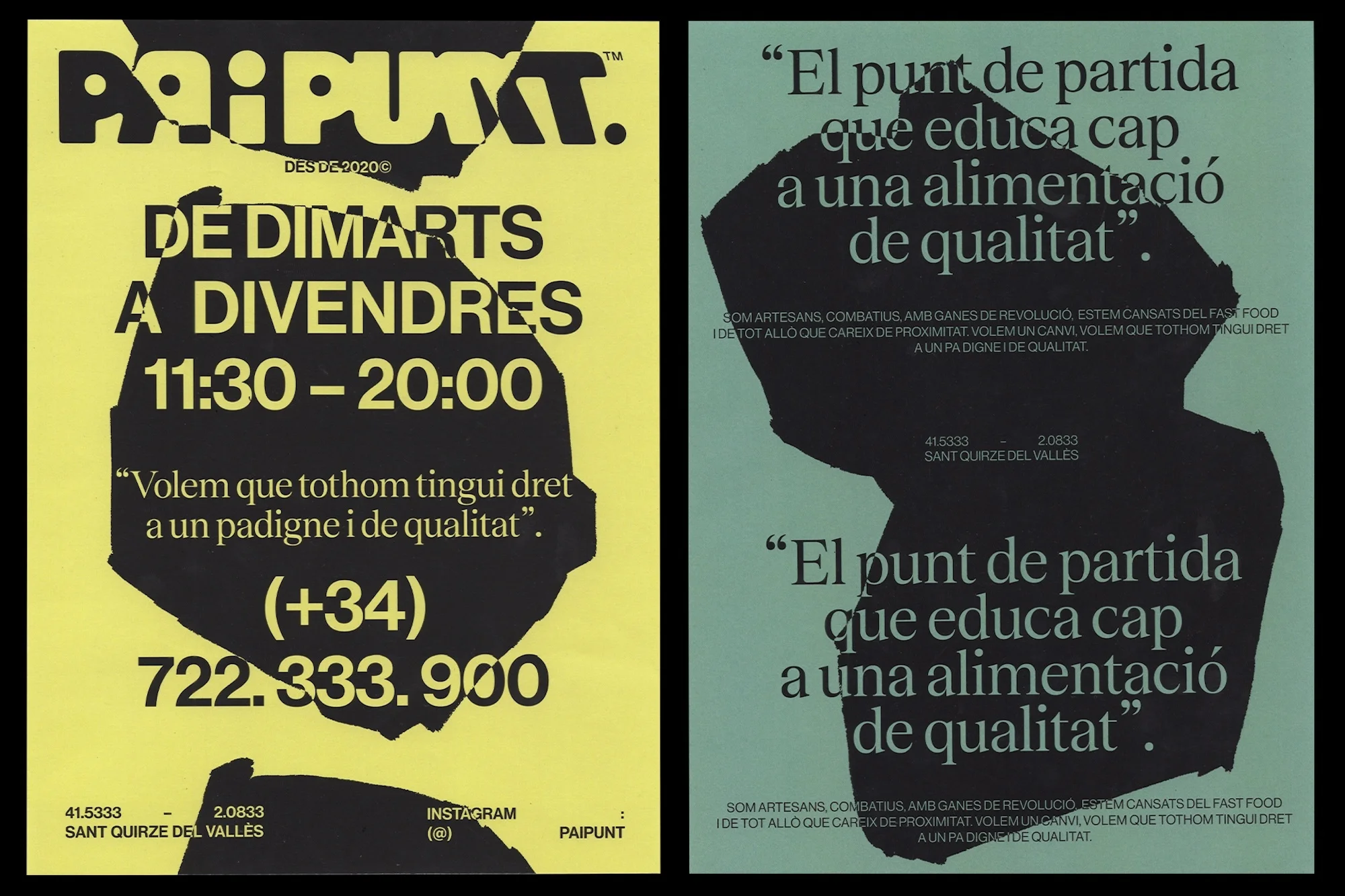 Two graphic posters side-by-side, one yellow, one green, both with black text, promoting Paipunt, a local business with contact information.
