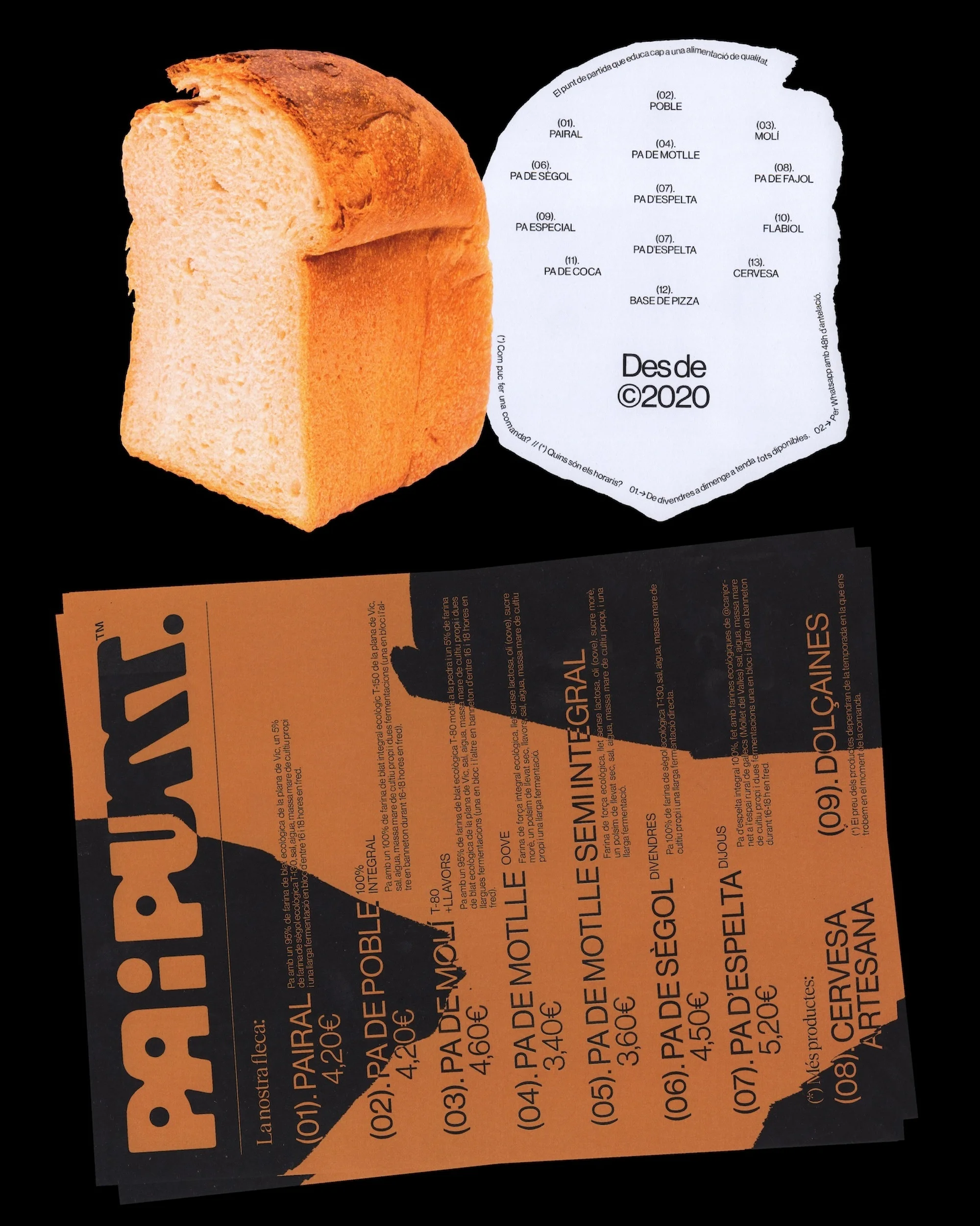 Close-up studio shot of a loaf of bread alongside a bread menu featuring types of bread and pricing, set against a black backdrop.