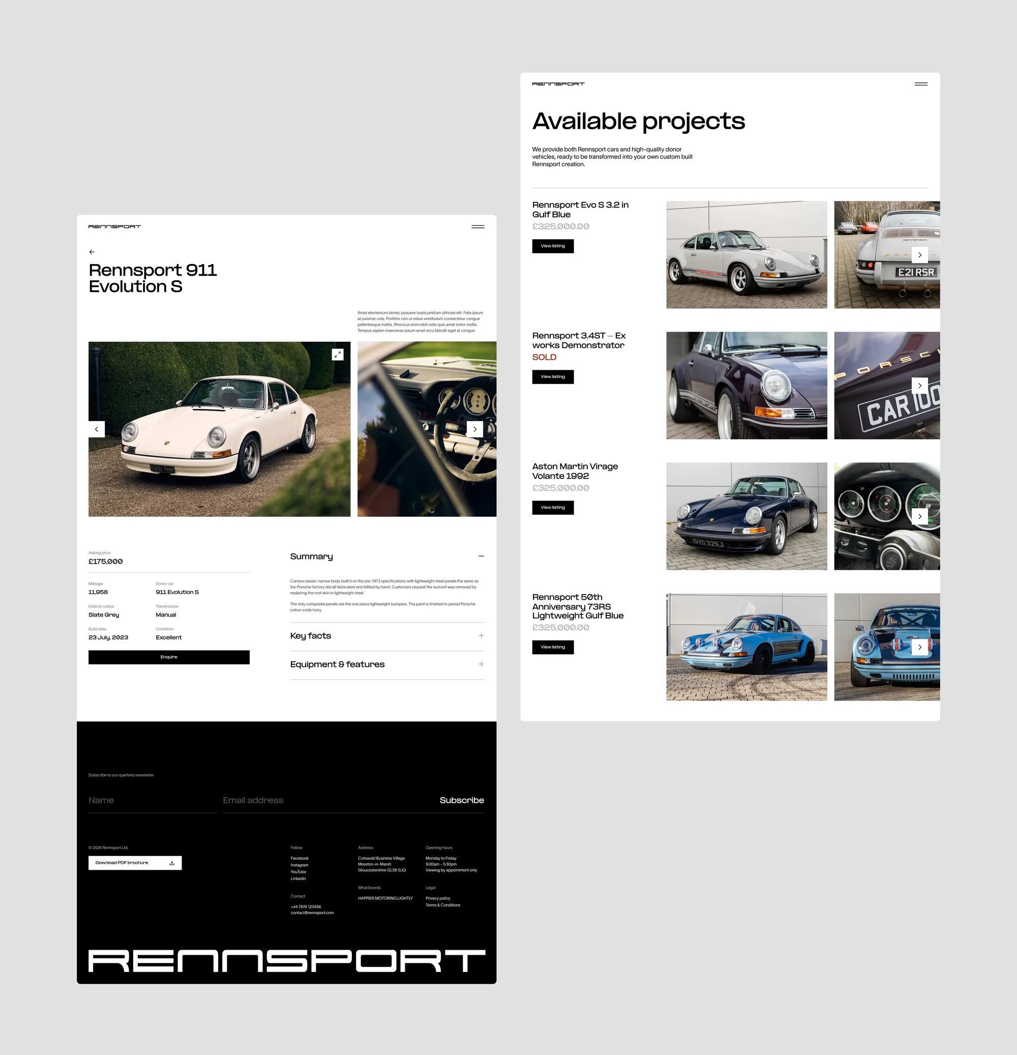 Rennsport website showcasing classic Porsche 911 Evolution S with available project cars, rendered with sleek black and white design.