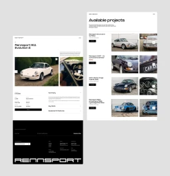Web design layout showcasing Rennsport brand identity with classic sports cars and product listings.