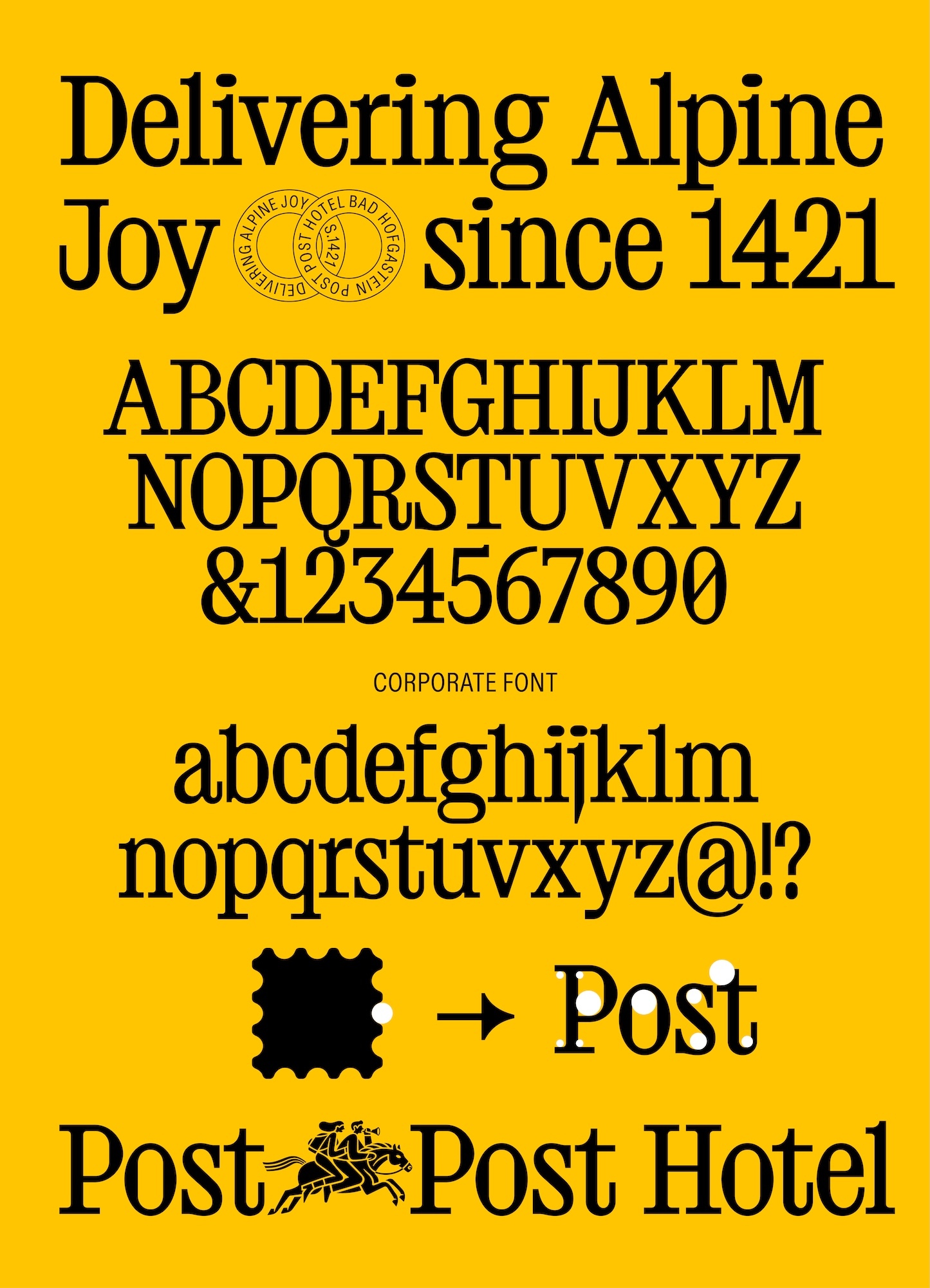 Typography poster featuring the 'Delivering Alpine Joy' font in black against a yellow background, showcasing uppercase, lowercase, and symbols.