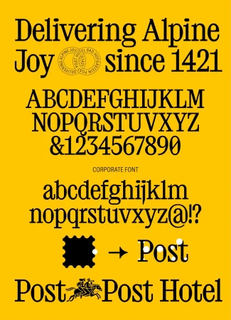 Typography poster featuring the 'Delivering Alpine Joy' font in black against a yellow background, showcasing uppercase, lowercase, and symbols.