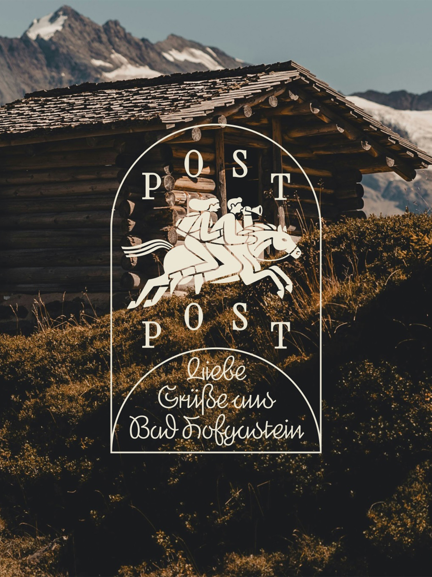 Vintage travel poster featuring a log cabin, mountain range, and a logo with figures on horseback, evoking a nostalgic alpine getaway.