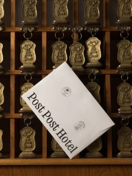 White envelope with black typography reading Post Post Hotel placed against wooden hotel key slots and brass tags