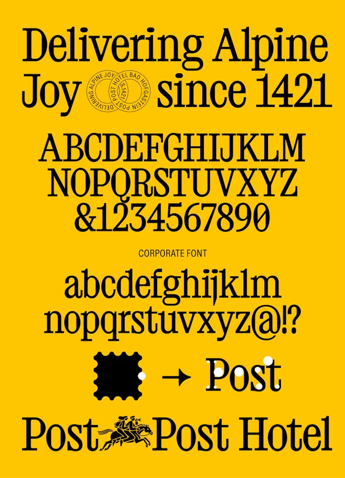 Brand identity specimen sheet featuring serif typography, circular emblem, and Post Post Hotel logo on a vibrant yellow background