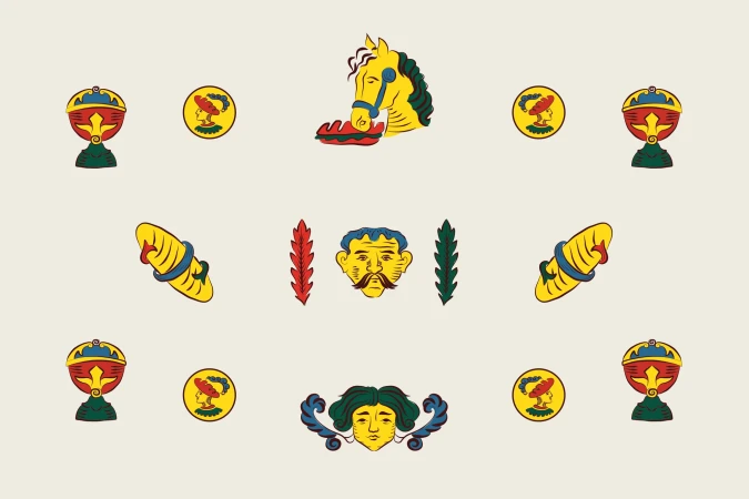 Detailed illustration featuring heraldic elements: horse head, faces, leaf motifs, and decorative objects on a cream background.