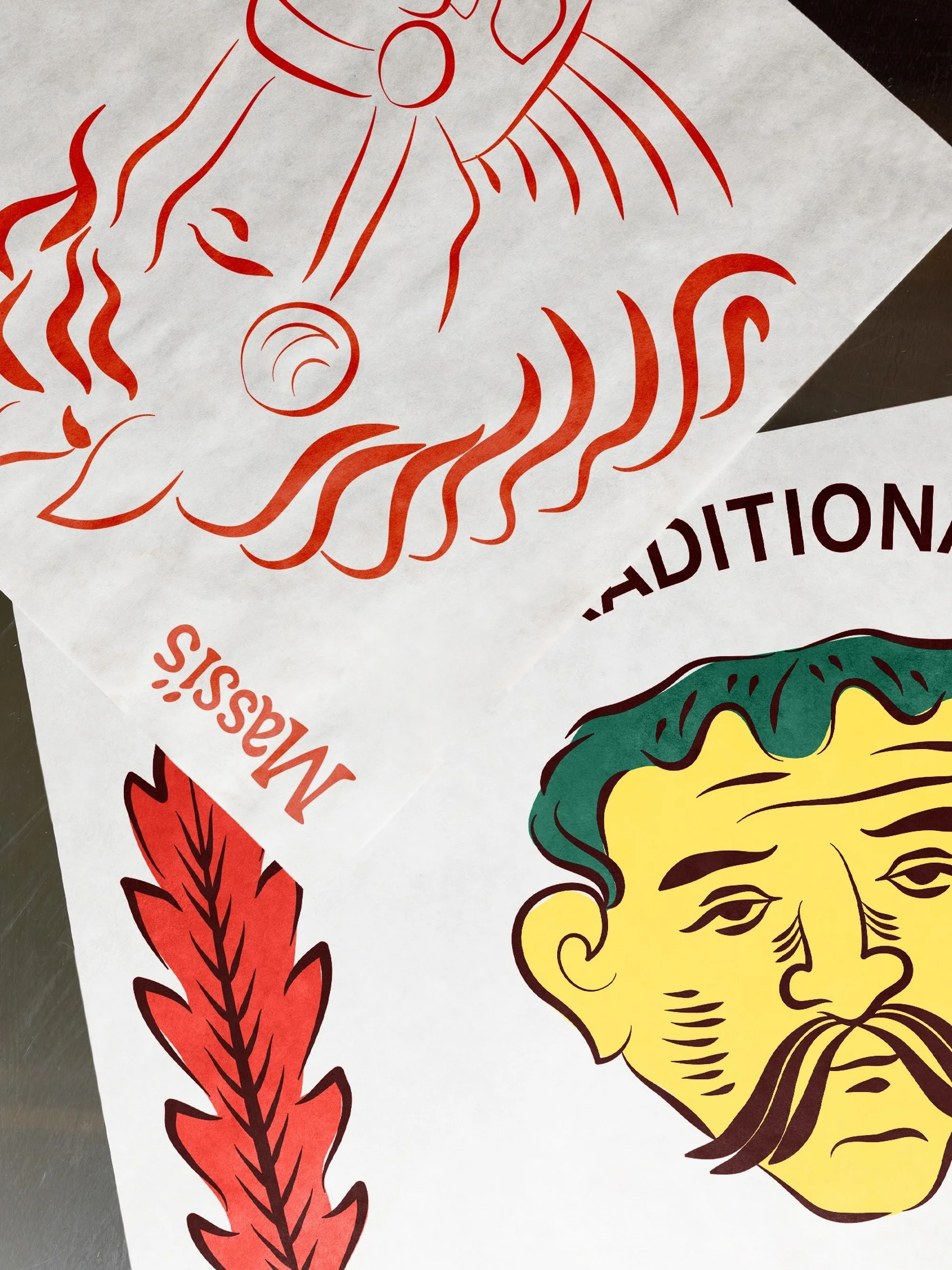 Illustrations on white paper feature a stylized horse head, a feather, and a face with a mustache, all in an artful design.