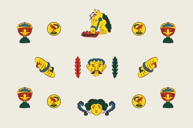 Illustrated pattern featuring a yellow horse head, loaves of bread, faces, and chalices on an off-white background.