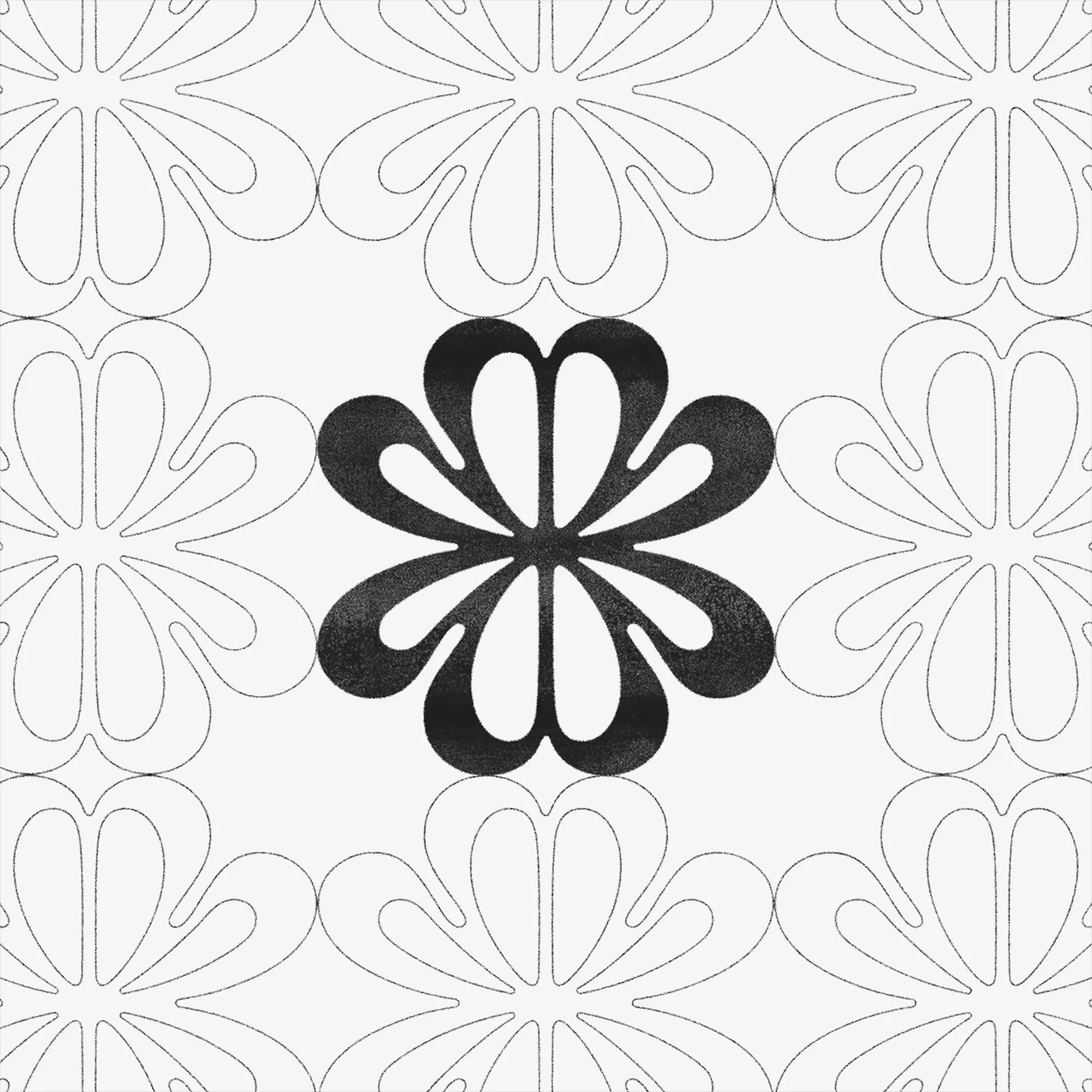 Graphic design featuring a prominent black floral pattern against a white background with a faint floral outline pattern in the background.