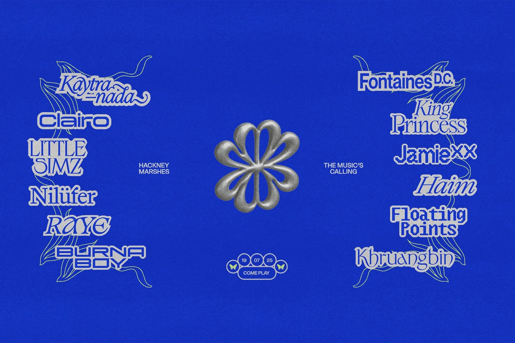 Music event poster features artist names Kaytranda, Clairo, Little Simz, Fontaines DC against a bright blue background with a floral design.