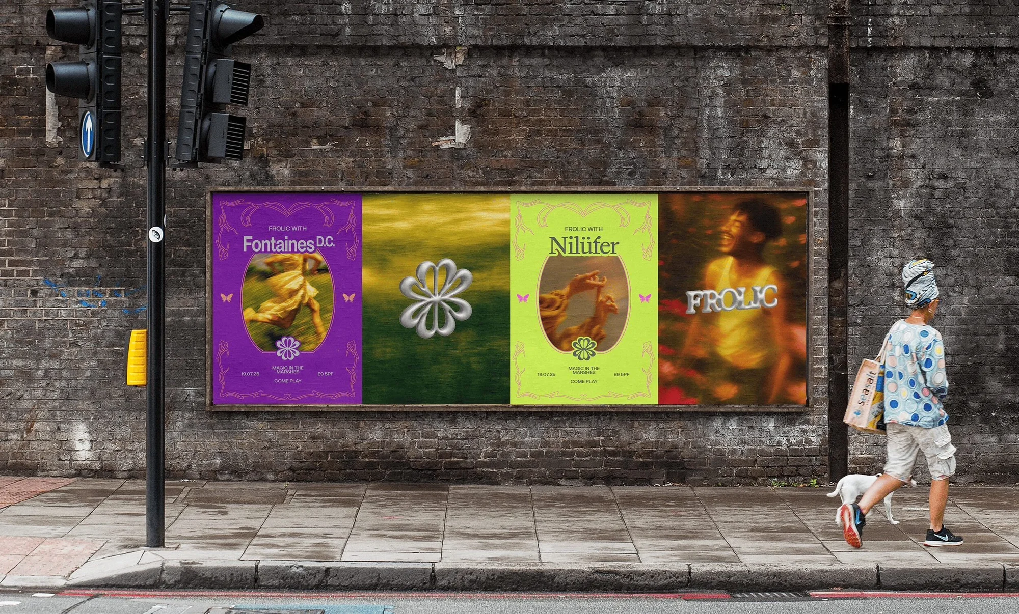 Person walks dog past brick wall with music posters in purple, yellow and green tones on a city sidewalk.