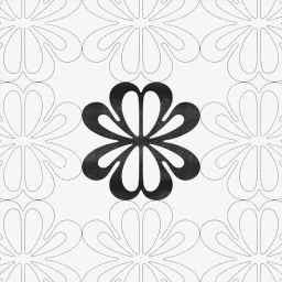Black and white floral repeating pattern with a central solid black flower icon on a light background