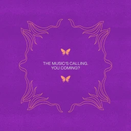 Purple graphic design featuring orange line art frame, two small butterfly illustrations, and centred text reading The music's calling