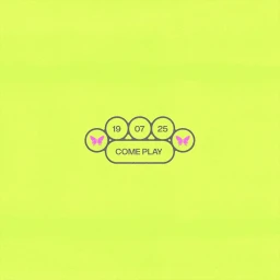 Graphical brand identity design for Frolic featuring numeric text, butterfly icons, and text come play on a bright yellow background.