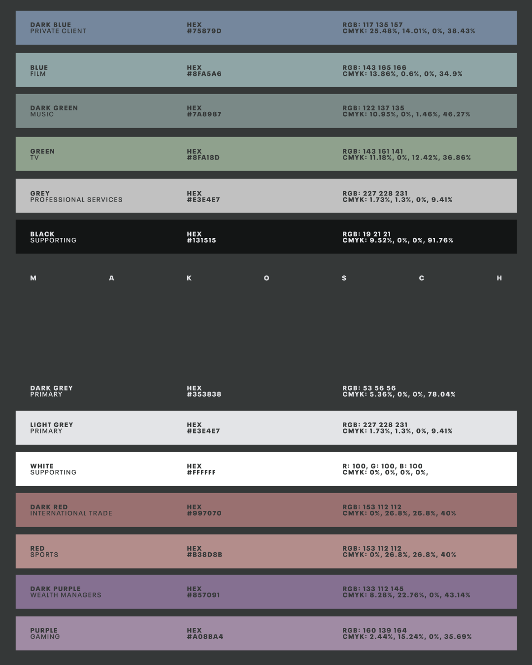 Color palette featuring shades of blue, green, gray, black, red, purple, and white, each labeled with its name, HEX code, and RGB/CMYK values.