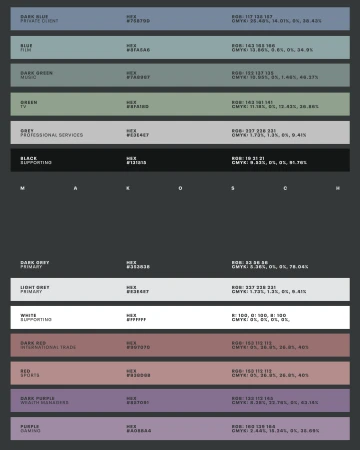 Color palette featuring shades of blue, green, gray, black, red, purple, and white, each labeled with its name, HEX code, and RGB/CMYK values.