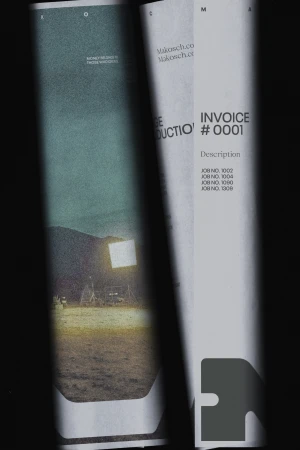 A photo of an invoice next to a page showing a film set at dusk with a large light, camera and crew silhouetted in the background.