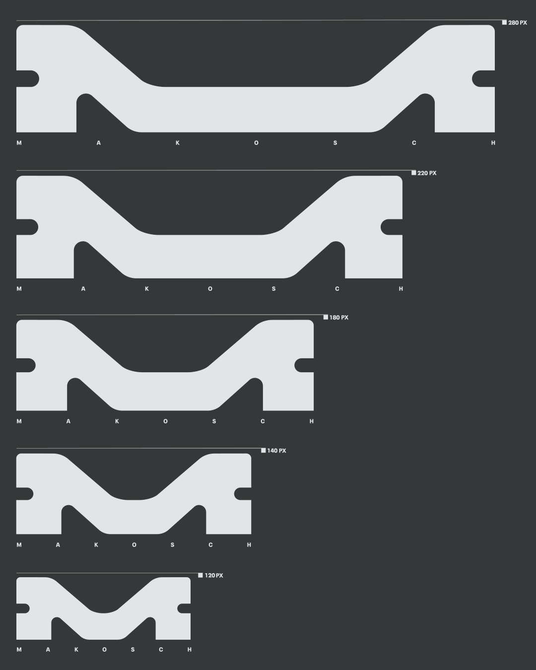 Digital illustration of five gray geometric shapes on a dark gray background, each representing a different size and form.