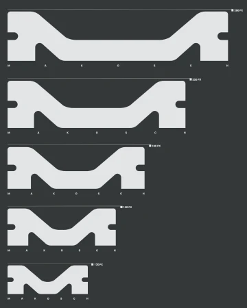 Makosch brand identity logo displayed in various sizes on a dark grey background with pixel dimensions listed