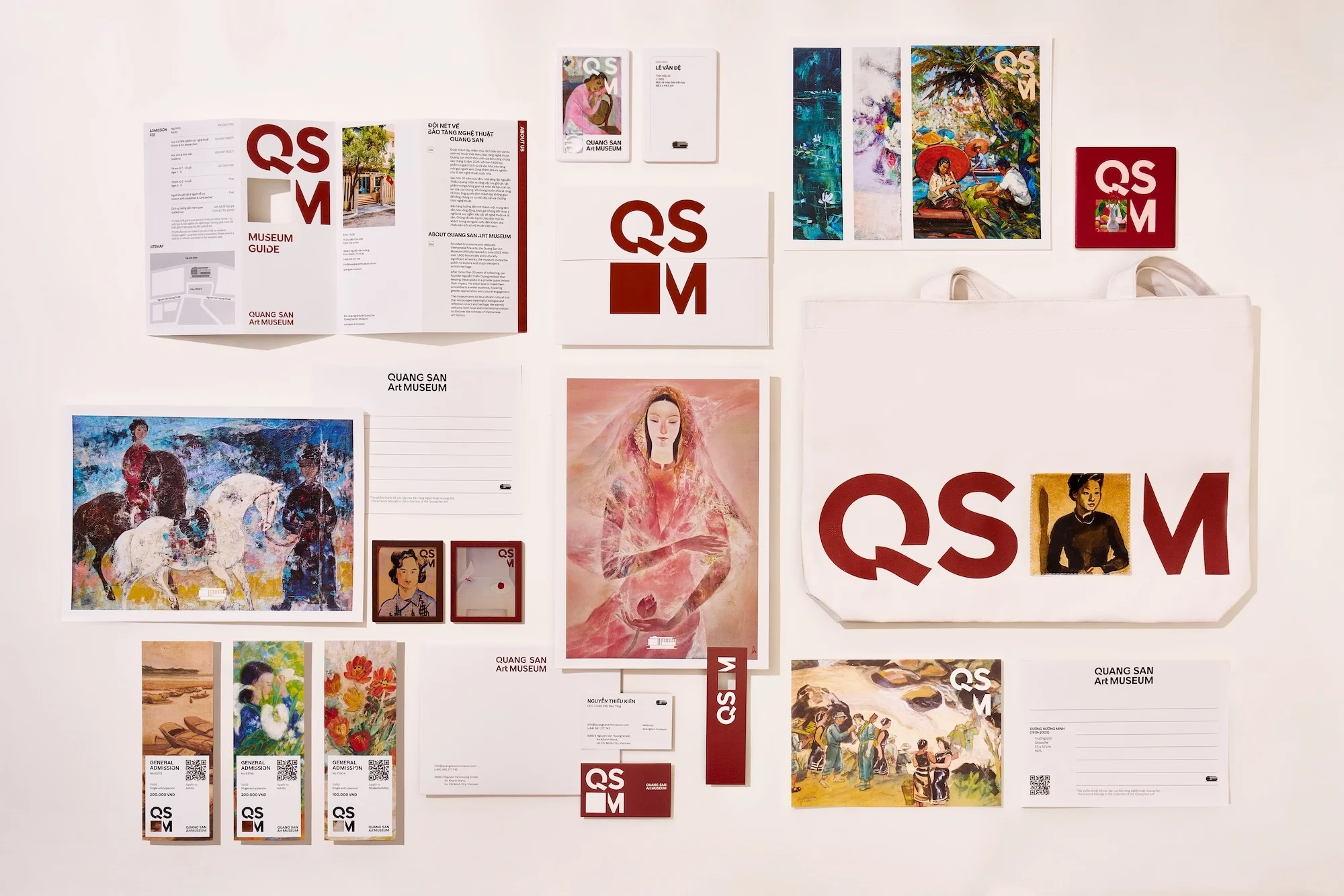 Promotional materials for Quang San Art Museum, including brochures, postcards, and a tote bag, arranged on a white surface.