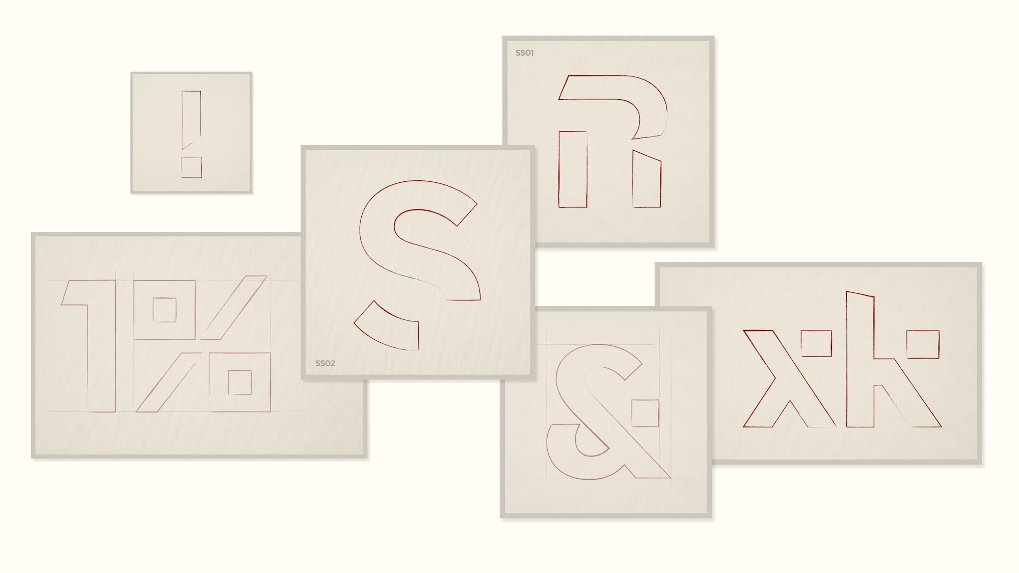 Typography art with red outlined symbols on white paper, creating a modern and minimalist design with geometric shapes and lines.