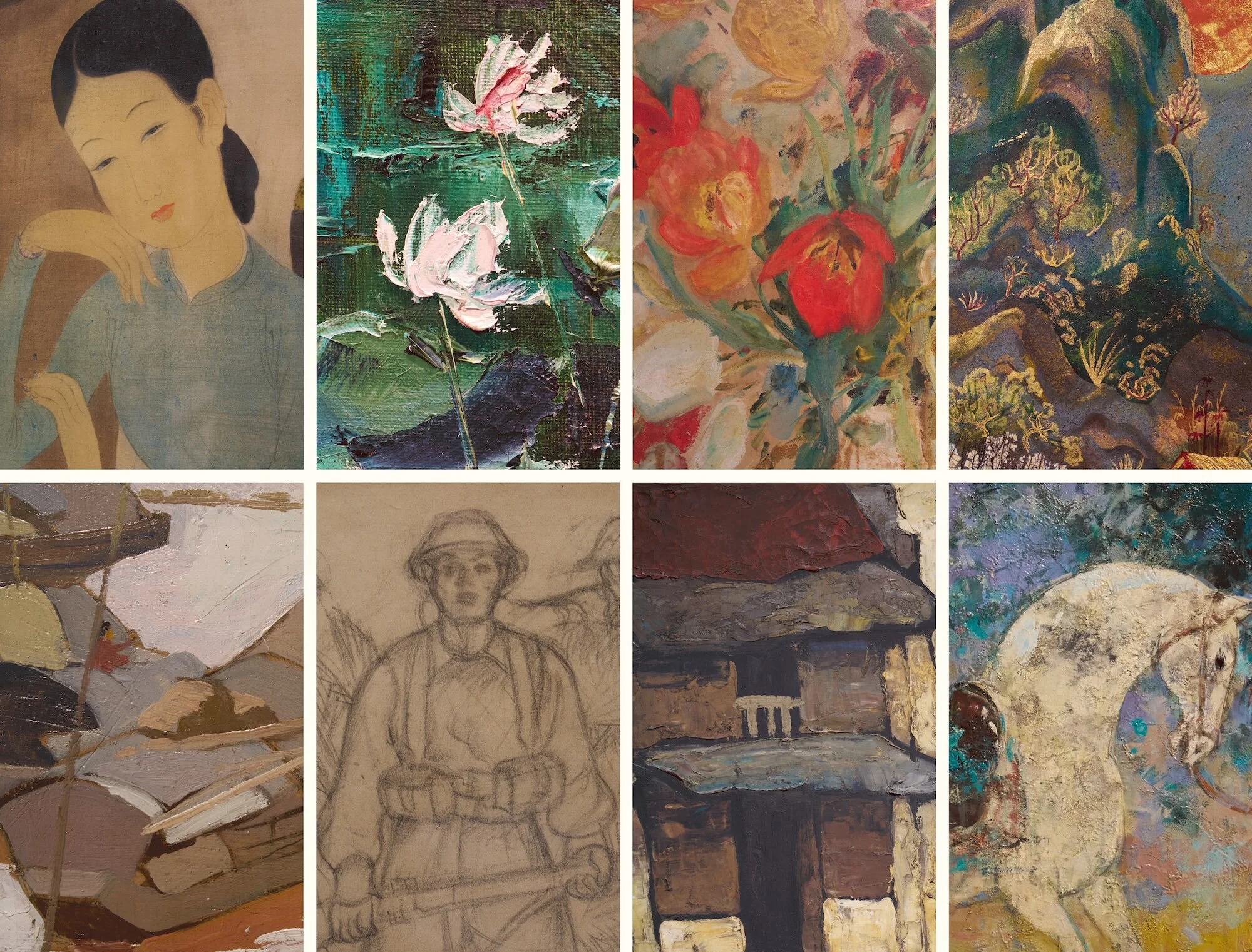 Collection of fine art paintings featuring portraits, floral still life, landscapes, architecture, and figure studies, conveying diverse styles.