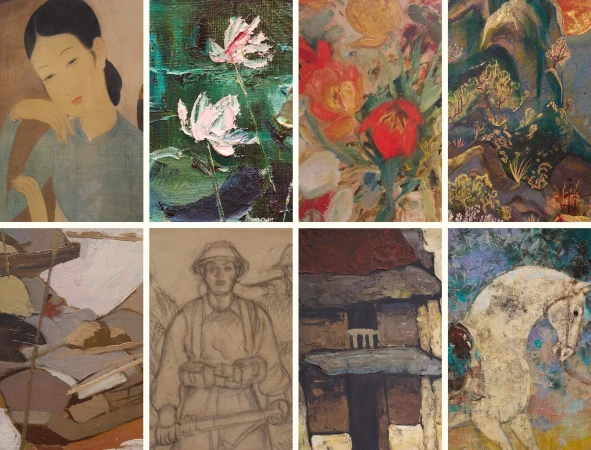 Collection of fine art paintings featuring portraits, floral still life, landscapes, architecture, and figure studies, conveying diverse styles.